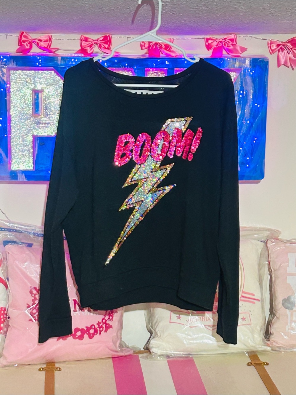 PINK Victoria's Secret Y2K Sequin 'BOOM' Lightning Sweater